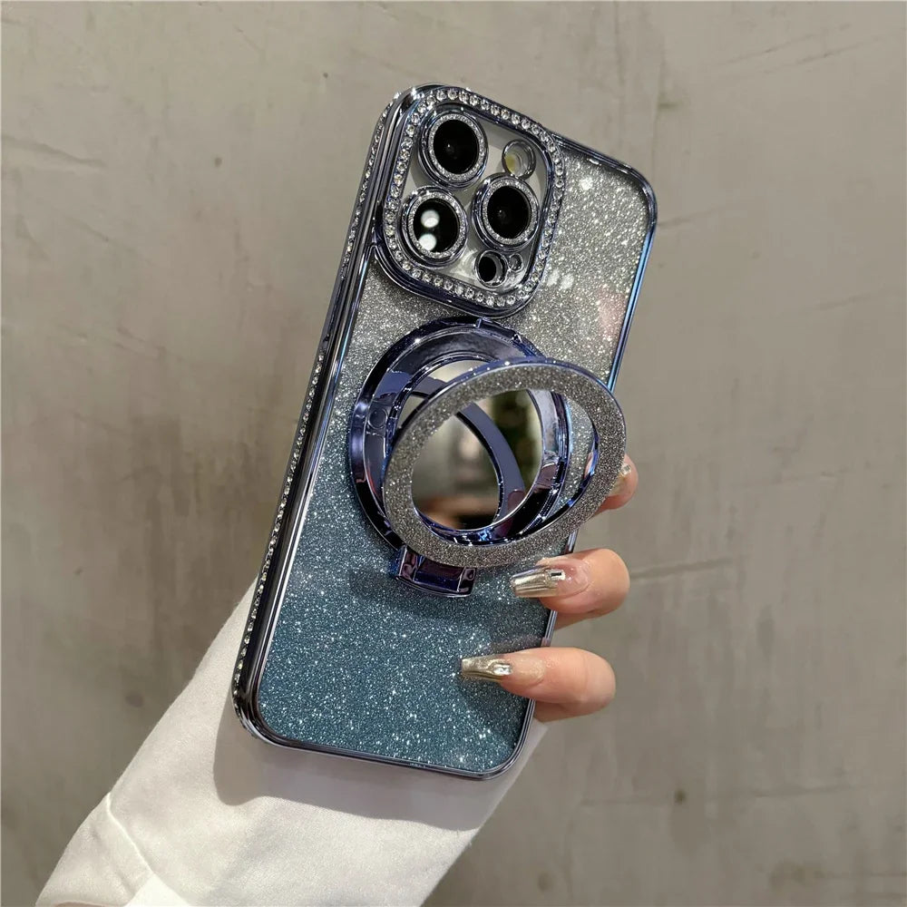 Luxury Plating Flash Mirror Holder Stand Diamond Frame For iPhone 16promax  11 12 13 14 15 16 Plus Protective Cover