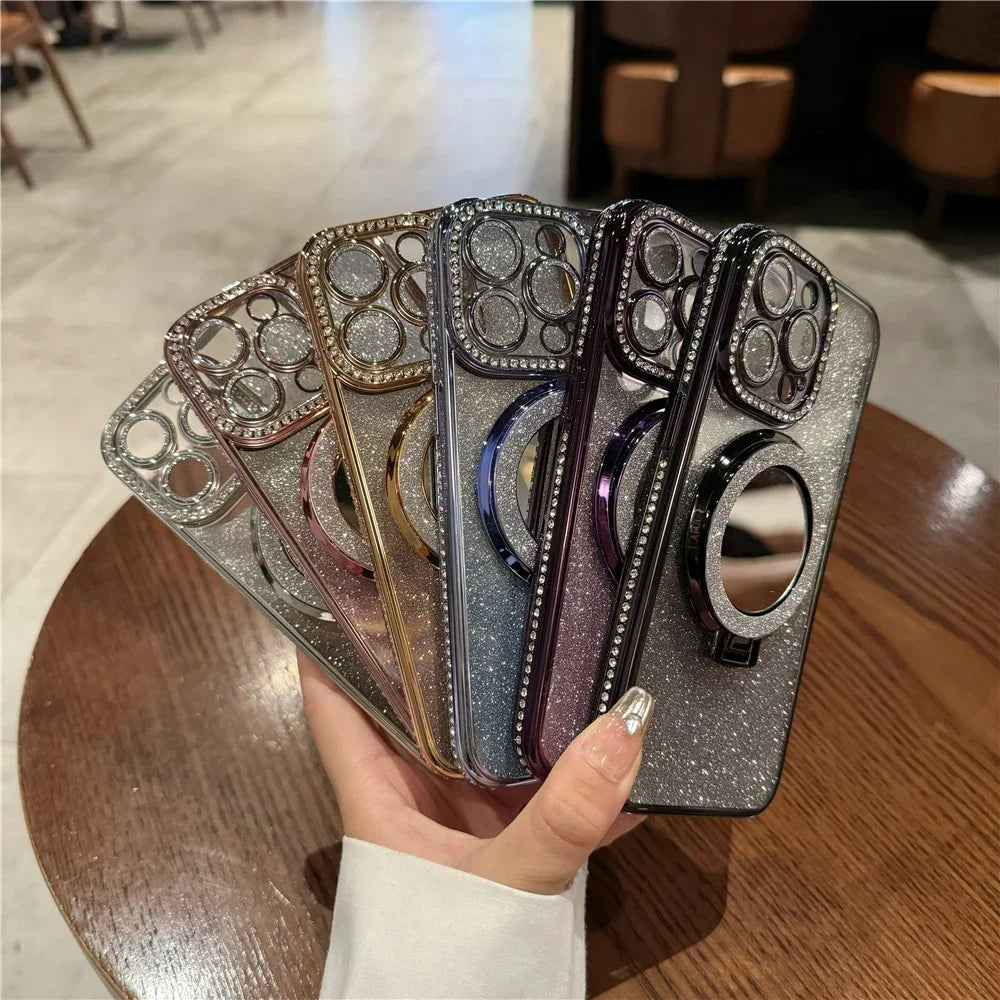 Luxury Plating Flash Mirror Holder Stand Diamond Frame For iPhone 16promax  11 12 13 14 15 16 Plus Protective Cover