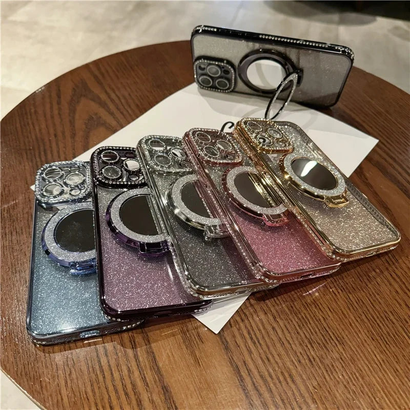 Luxury Plating Flash Mirror Holder Stand Diamond Frame For iPhone 16promax  11 12 13 14 15 16 Plus Protective Cover