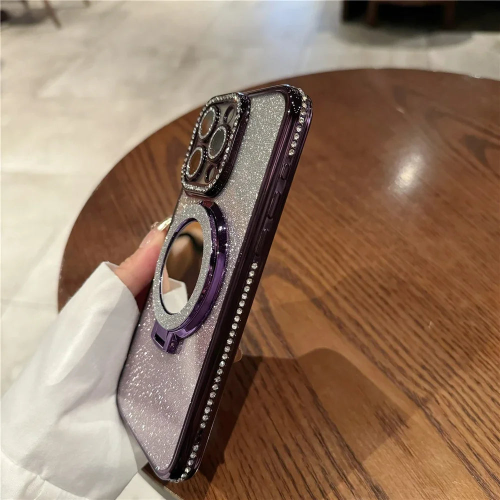 Luxury Plating Flash Mirror Holder Stand Diamond Frame For iPhone 16promax  11 12 13 14 15 16 Plus Protective Cover