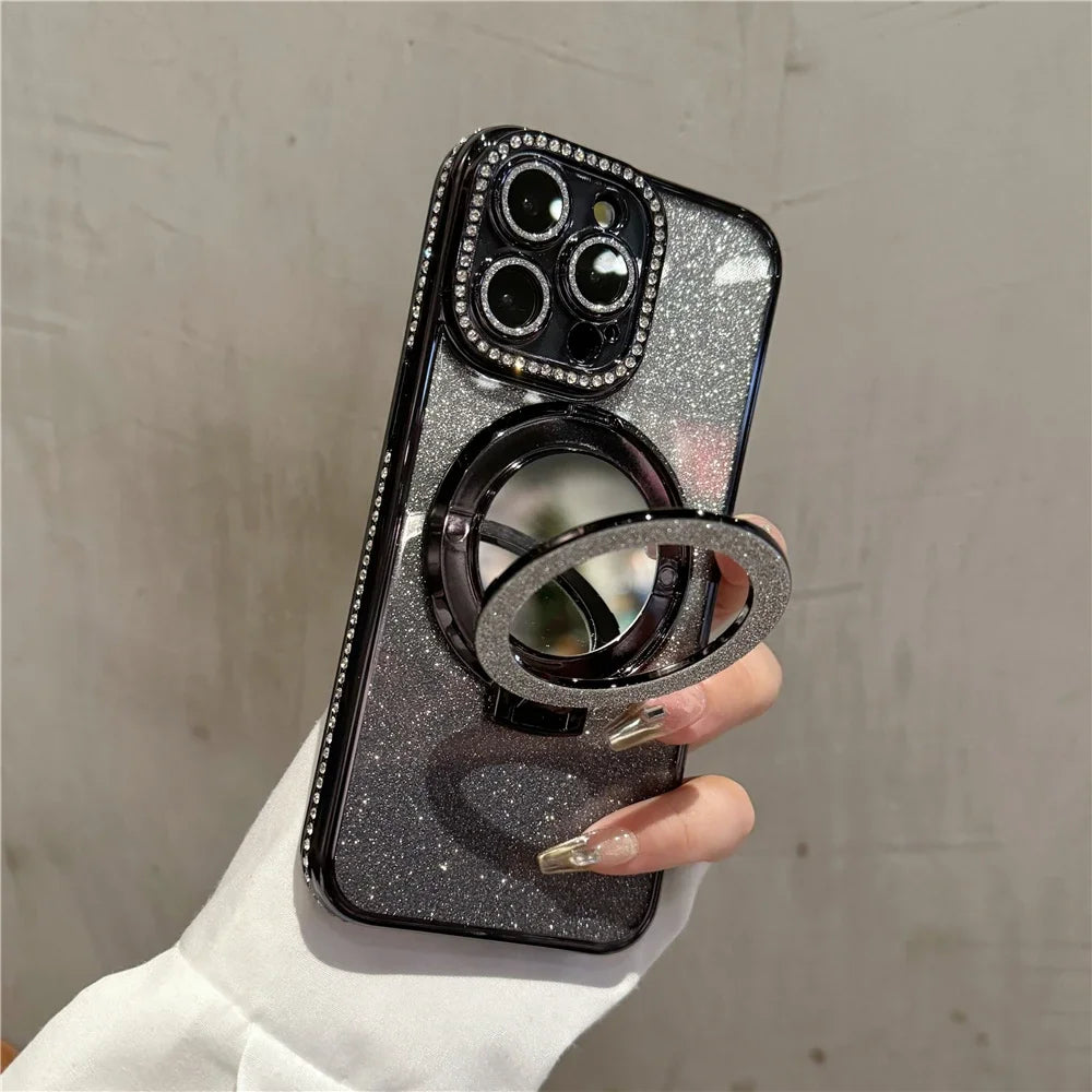 Luxury Plating Flash Mirror Holder Stand Diamond Frame For iPhone 16promax  11 12 13 14 15 16 Plus Protective Cover
