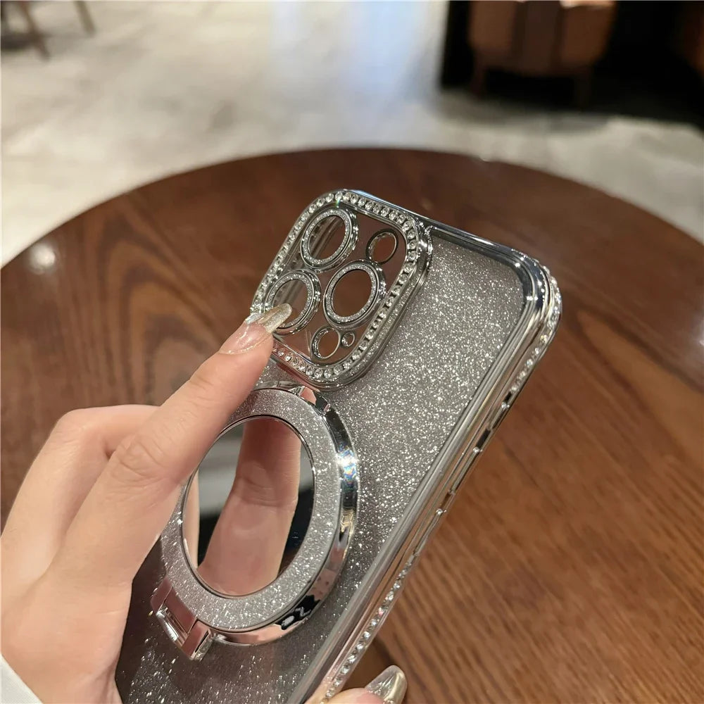 Luxury Plating Flash Mirror Holder Stand Diamond Frame For iPhone 16promax  11 12 13 14 15 16 Plus Protective Cover
