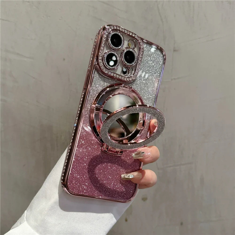 Luxury Plating Flash Mirror Holder Stand Diamond Frame For iPhone 16promax  11 12 13 14 15 16 Plus Protective Cover