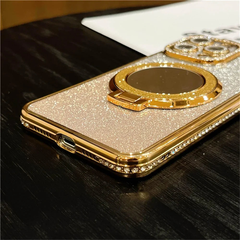 Luxury Plating Flash Mirror Holder Stand Diamond Frame For iPhone 16promax  11 12 13 14 15 16 Plus Protective Cover
