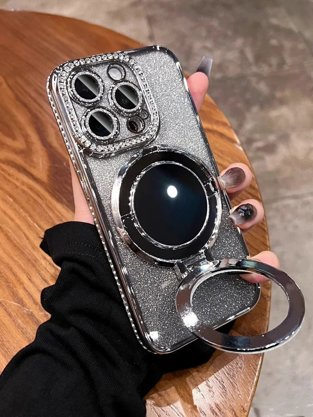 Luxury Plating Flash Mirror Holder Stand Diamond Frame For iPhone 16promax  11 12 13 14 15 16 Plus Protective Cover