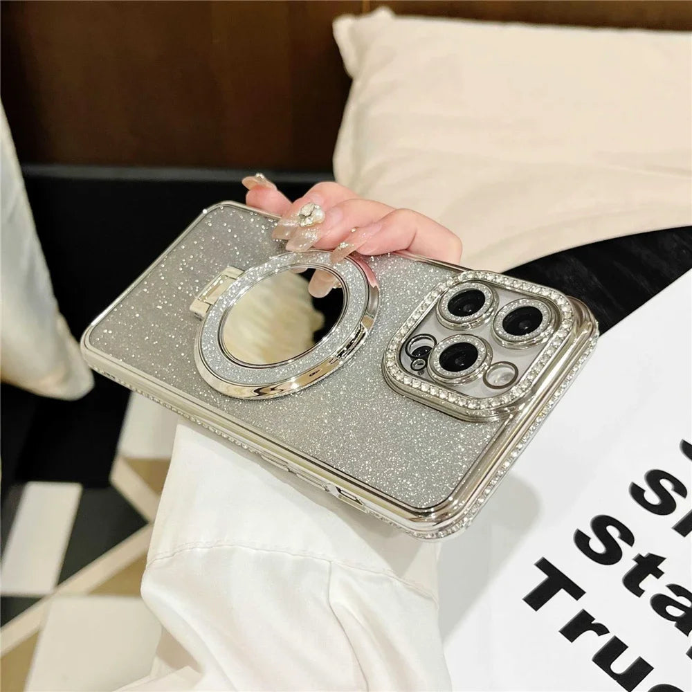 Luxury Plating Flash Mirror Holder Stand Diamond Frame For iPhone 16promax  11 12 13 14 15 16 Plus Protective Cover