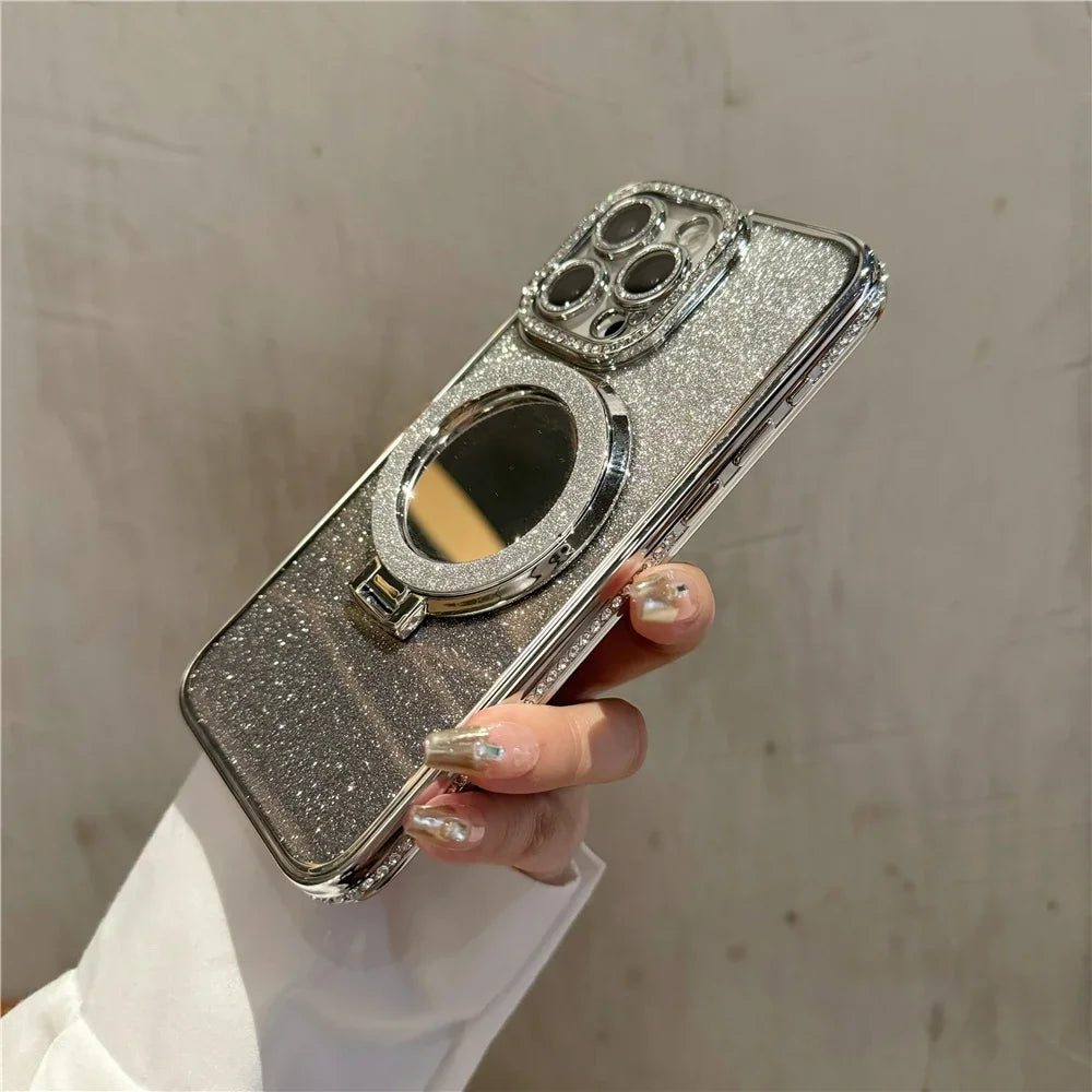 Luxury Plating Flash Mirror Holder Stand Diamond Frame For iPhone 16promax  11 12 13 14 15 16 Plus Protective Cover
