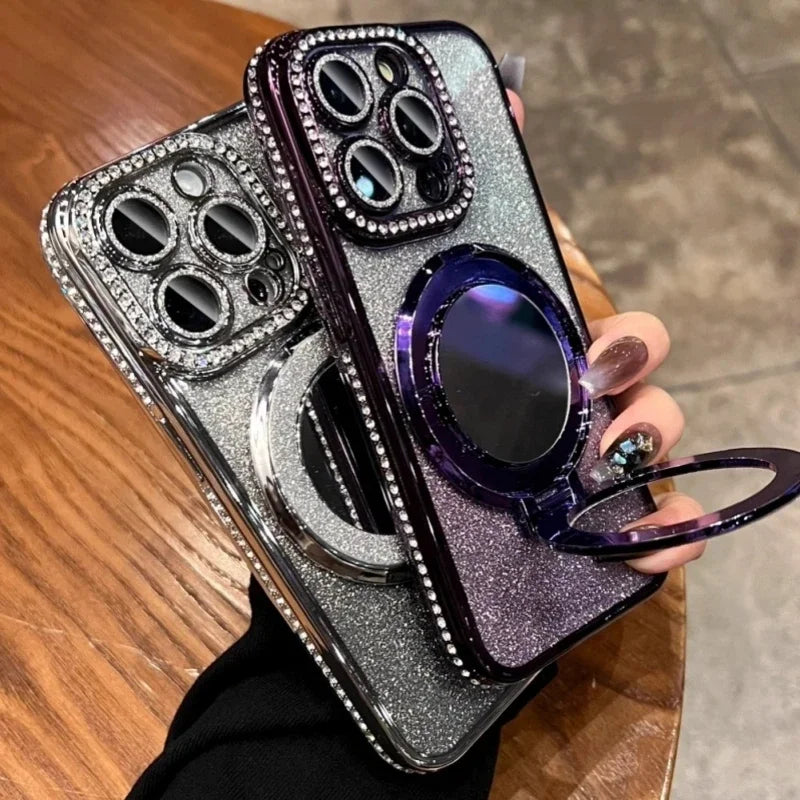 Luxury Plating Flash Mirror Holder Stand Diamond Frame For iPhone 16promax  11 12 13 14 15 16 Plus Protective Cover