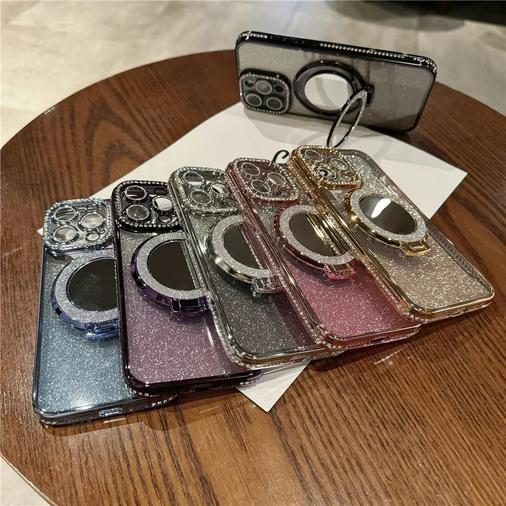 Luxury Plating Flash Mirror Holder Stand Diamond Frame For iPhone 16promax  11 12 13 14 15 16 Plus Protective Cover
