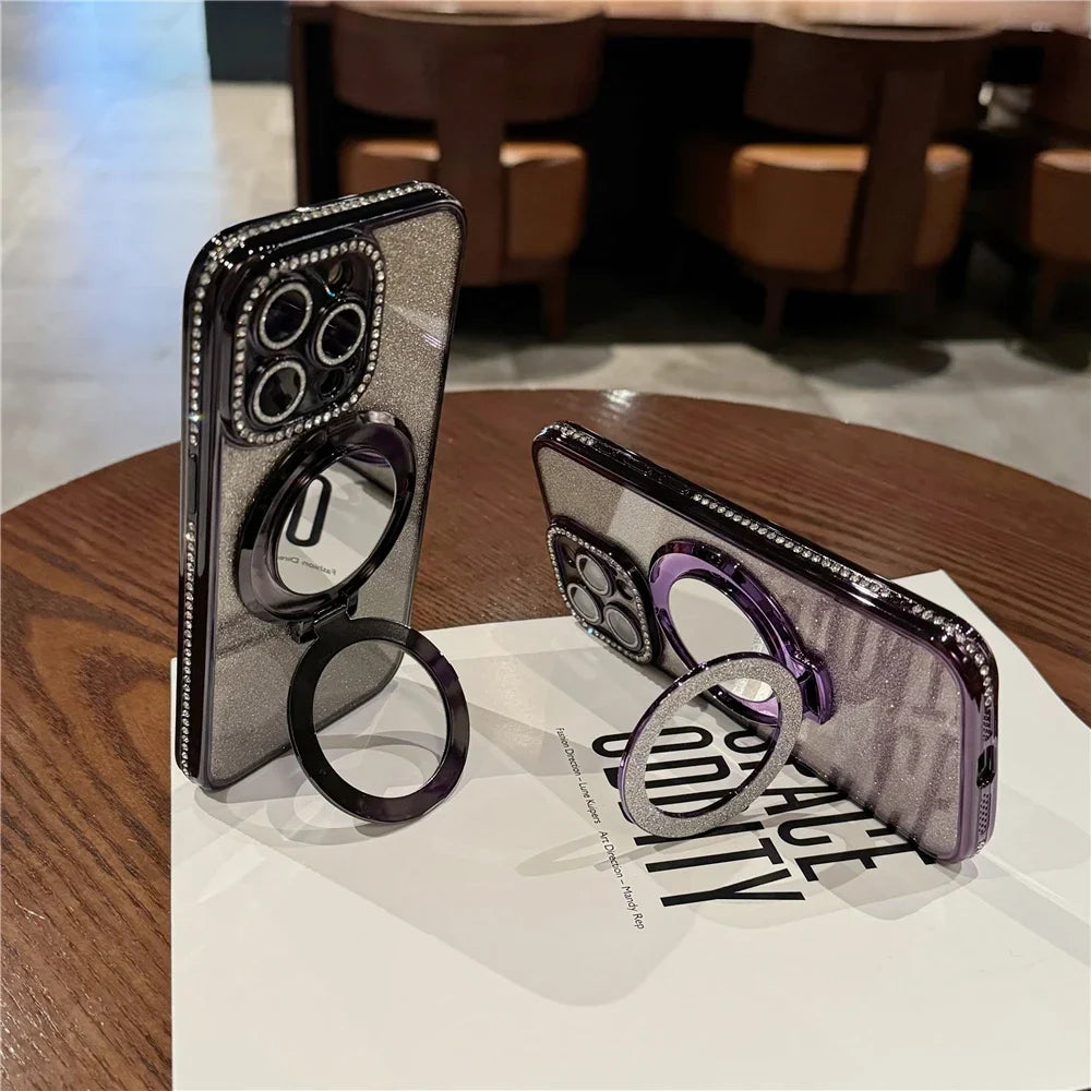 Luxury Plating Flash Mirror Holder Stand Diamond Frame For iPhone 16promax  11 12 13 14 15 16 Plus Protective Cover