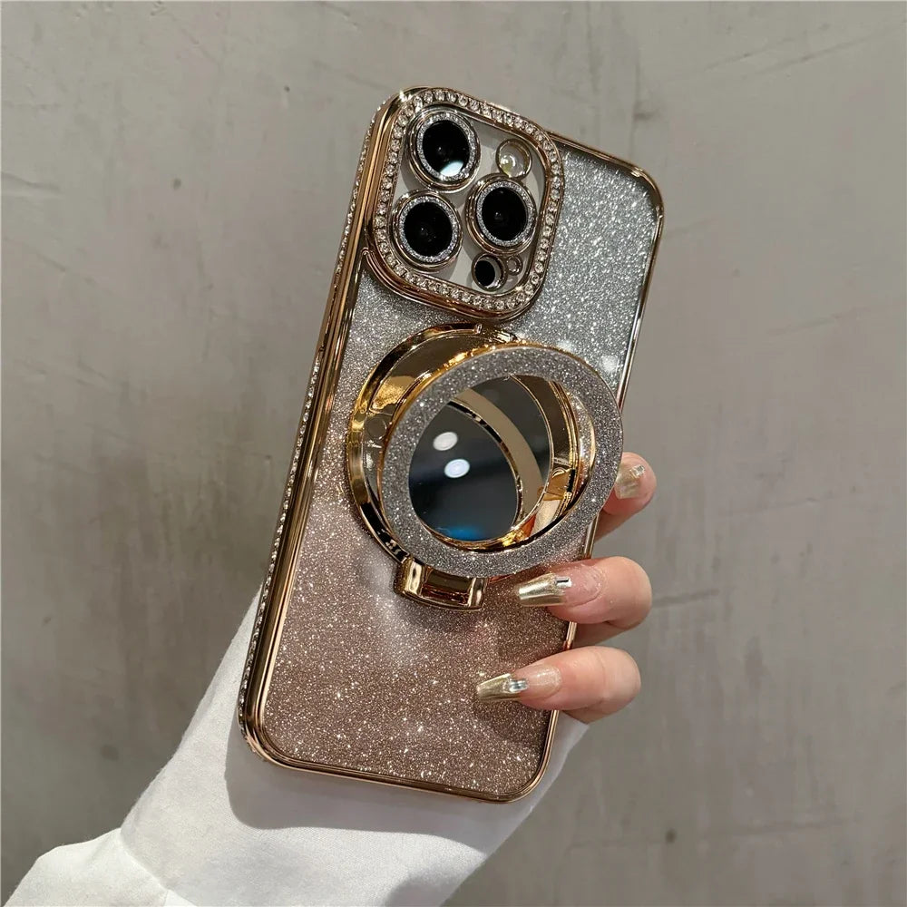 Luxury Plating Flash Mirror Holder Stand Diamond Frame For iPhone 16promax  11 12 13 14 15 16 Plus Protective Cover