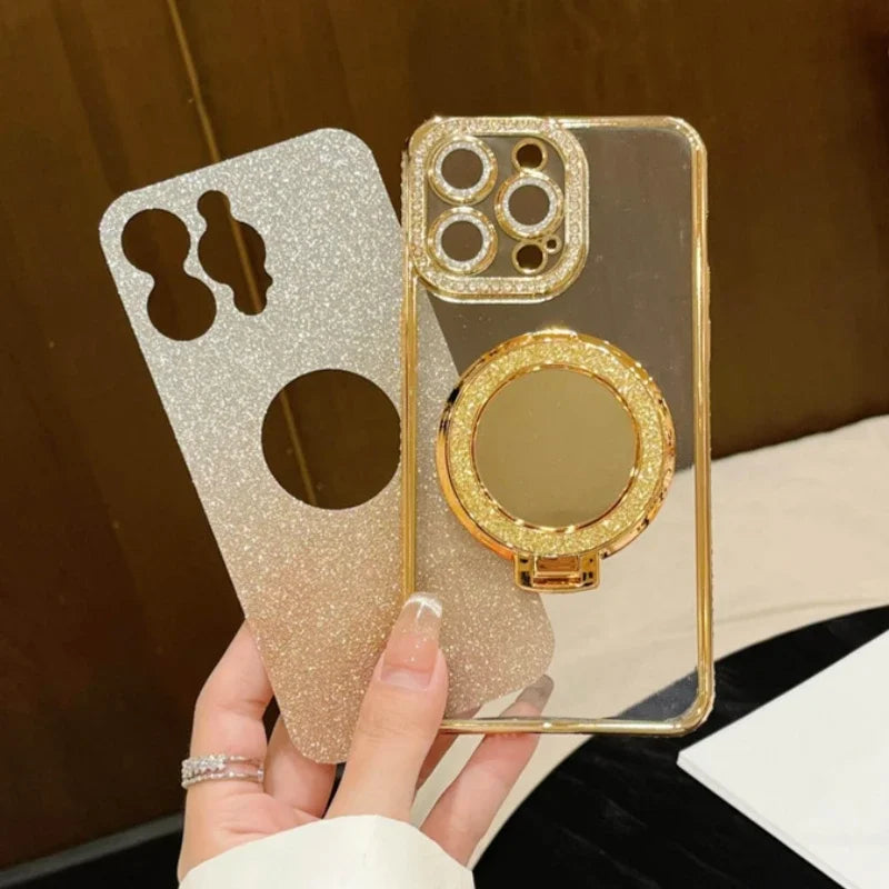 Luxury Plating Flash Mirror Holder Stand Diamond Frame For iPhone 16promax  11 12 13 14 15 16 Plus Protective Cover