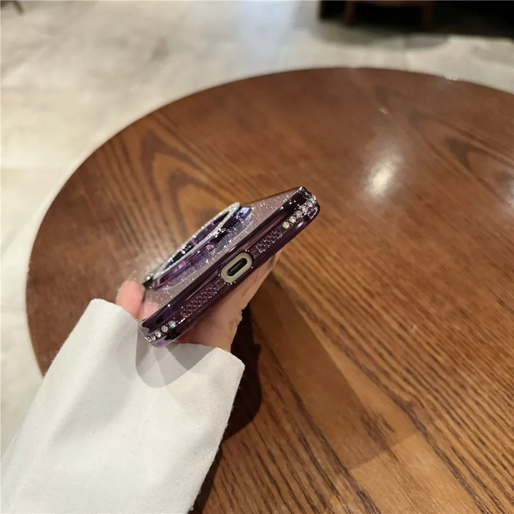 Luxury Plating Flash Mirror Holder Stand Diamond Frame For iPhone 16promax  11 12 13 14 15 16 Plus Protective Cover