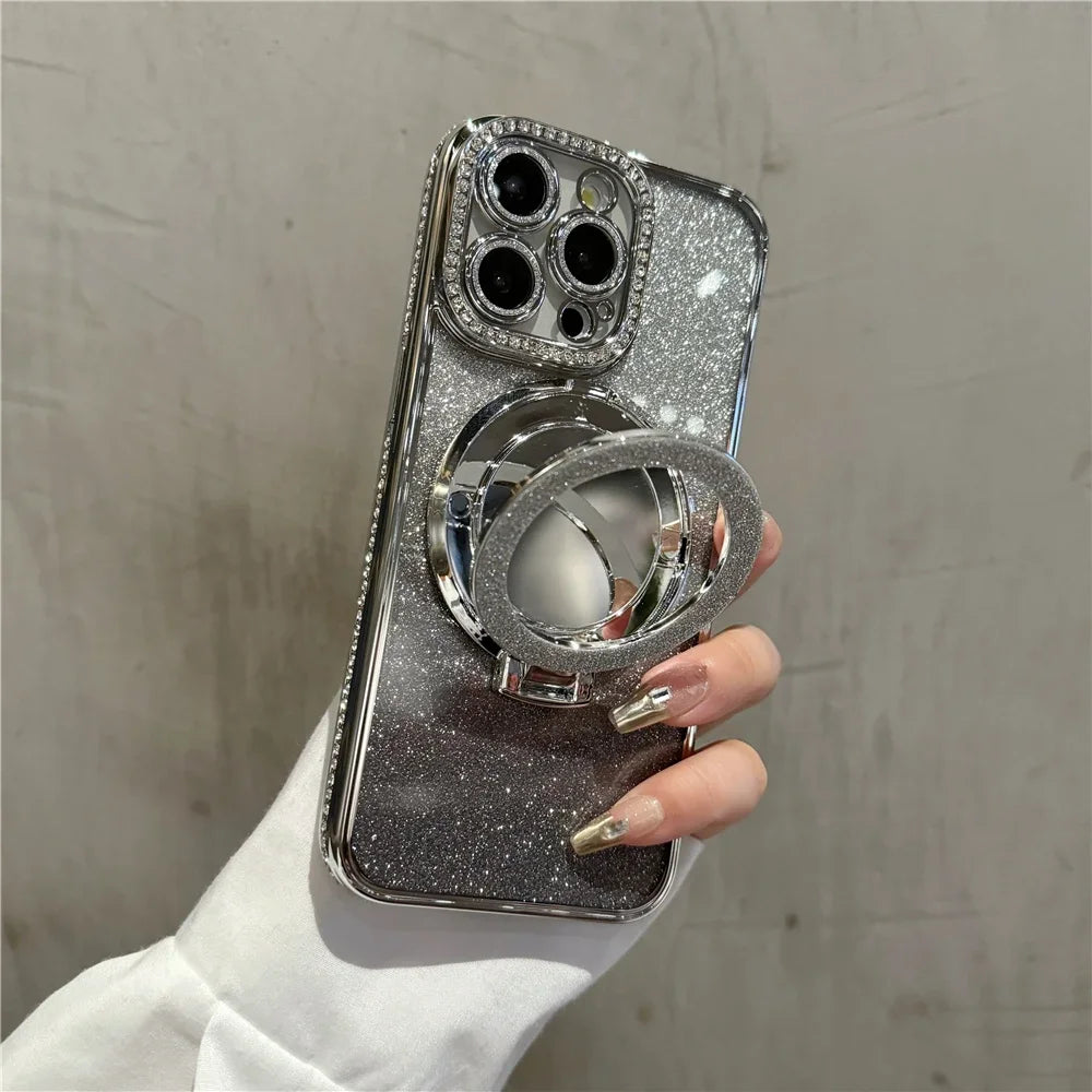 Luxury Plating Flash Mirror Holder Stand Diamond Frame For iPhone 16promax  11 12 13 14 15 16 Plus Protective Cover