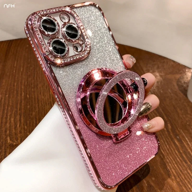 Luxury Plating Flash Mirror Holder Stand Diamond Frame For iPhone 16promax  11 12 13 14 15 16 Plus Protective Cover
