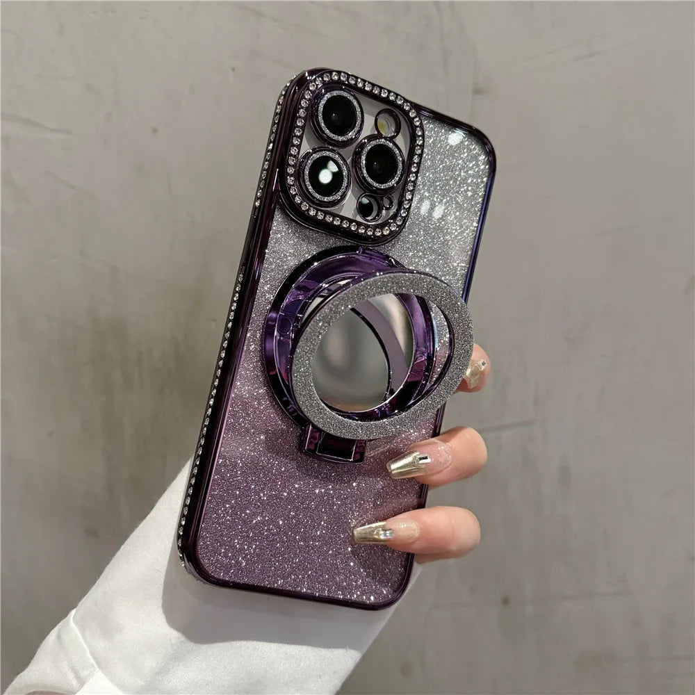 Luxury Plating Flash Mirror Holder Stand Diamond Frame For iPhone 16promax  11 12 13 14 15 16 Plus Protective Cover