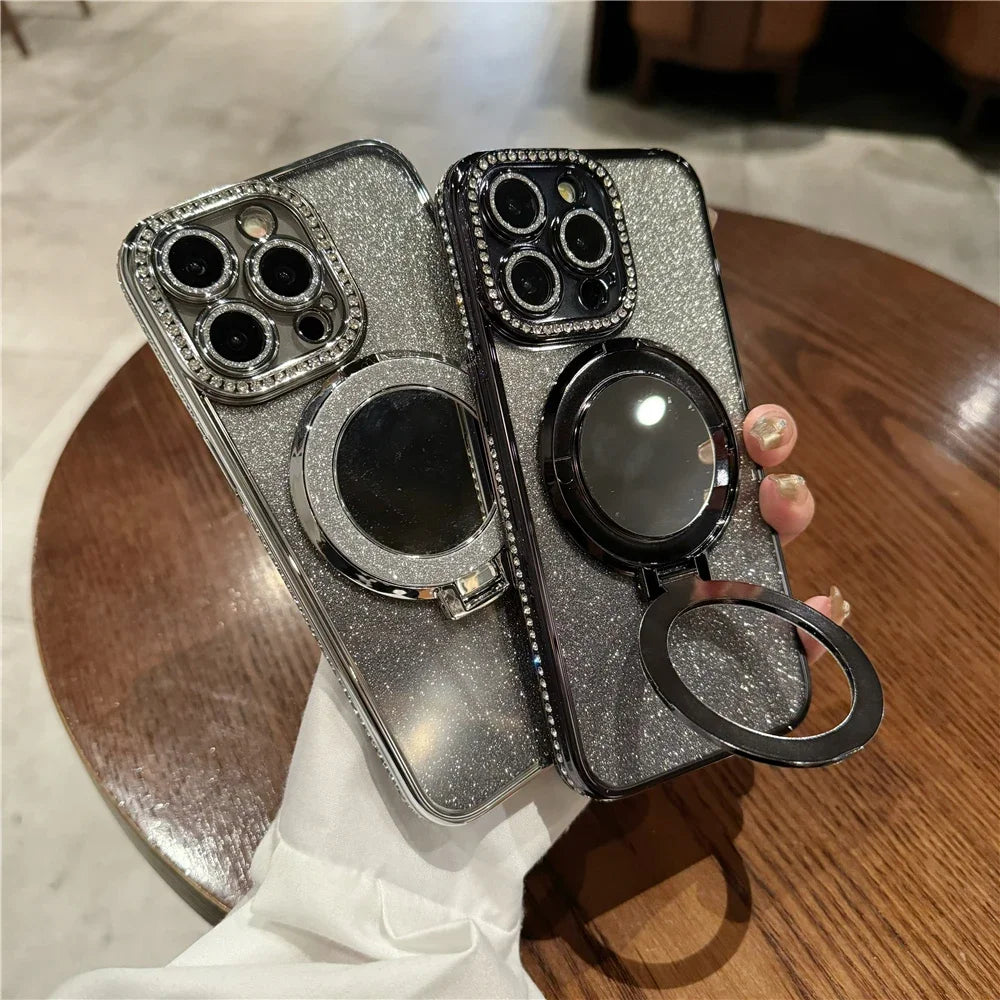Luxury Plating Flash Mirror Holder Stand Diamond Frame For iPhone 16promax  11 12 13 14 15 16 Plus Protective Cover